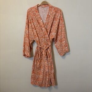Garnet Hill Robe 100% Organic Cotton Orange Tie Waist Chinese Lanterns Floral XL